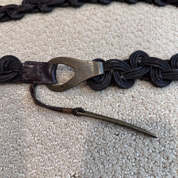 Leather Brown Hip Belt Boho Southwest Braided Swirl Brass Tone Hook Close Unique - Picture 3 of 8